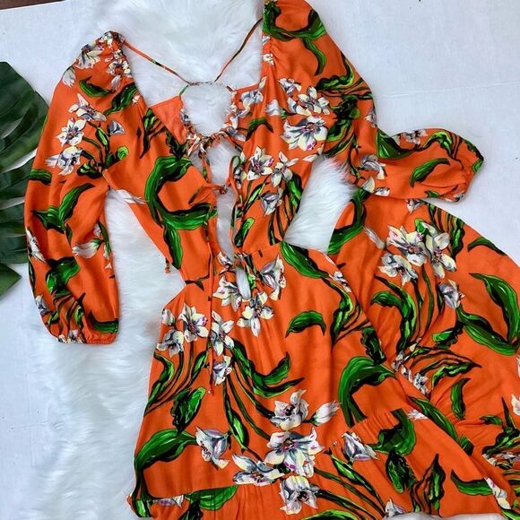 NWT Zara Orange Floral Tropical Maxi Dress Tiered Ruffle Cut Outs XS - Picture 6 of 11